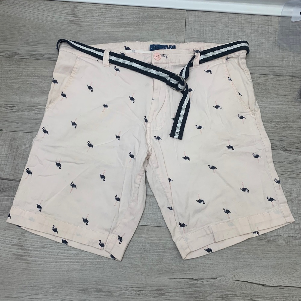 Essex Crossing Mens Pink Flamingo Embroidered Shorts with Striped Belt Size 34